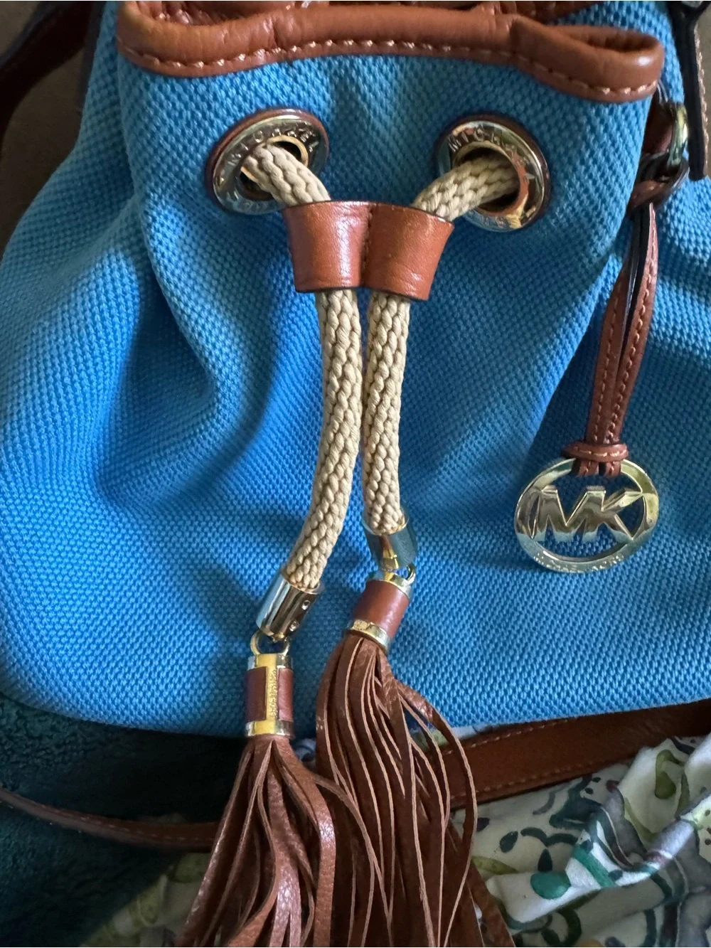 Michael Kors Turquoise Canvas Bucket Bag with Brown Leather Trim